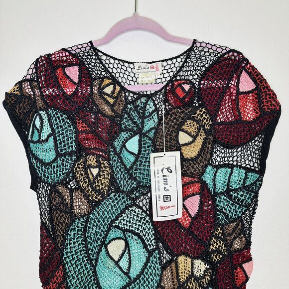 Lim’s 1980’s Vintage Hand Crocheted Jewel Tone Abstract Dress Large - Picture 2 of 6